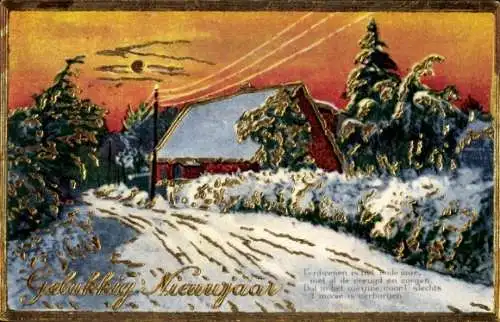 Präge Ak Glückwunsch Neujahr, Wohnhaus, Winter, Schnee, Tannenbäume