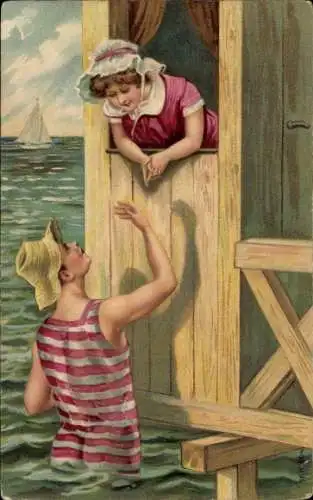 Präge Ak Mann und Frau in Badekleidung, Bademode