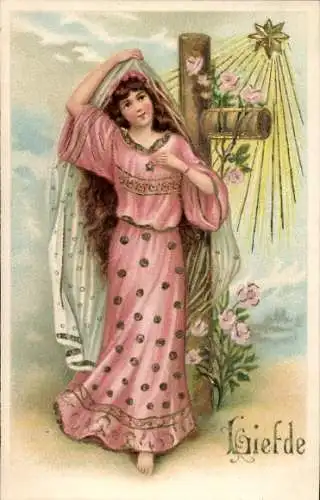 Glitzer Ak Frau mit Kreuz, Liefde
