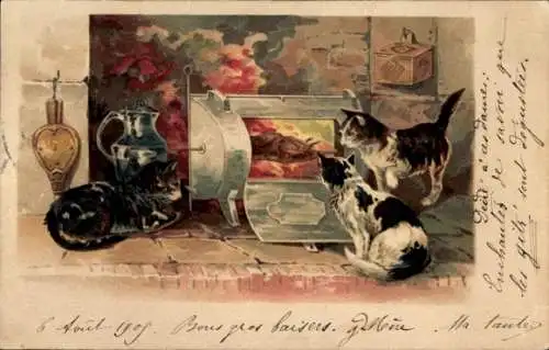 Künstler Ak Zwei Katzen vor dem Kamin, Braten