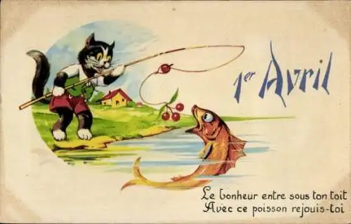 Ak 1. April, Vermenschlichte Katze mit Angel, Kirschen, Fisch