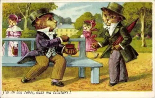 Ak Vermenschlichte Katzen, Herren in einem Park, Tabakdose