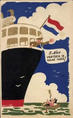 Künstler Ak Niederländisches Dampfschiff, Fahne, Mann im Ruderboot