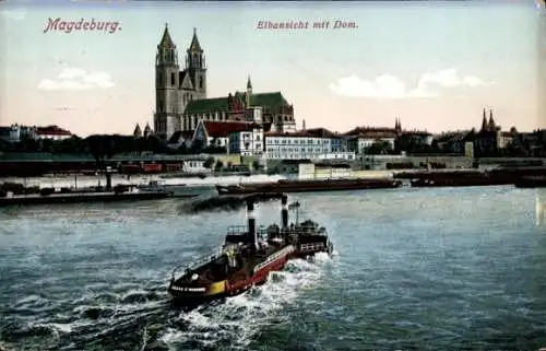 Ak Magdeburg an der Elbe, Elbansicht, Dom, Dampfschiff