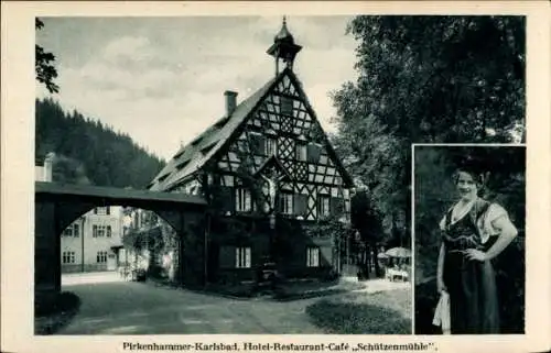 Ak Březová Pirkenhammer Region Karlsbad, Hotel Schützenmühle, Frau in Tracht