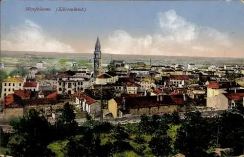Ak Monfalcone Friuli Venezia Giulia,  Küstenland, Stadtansicht mit Kirchturm, farbenfroh