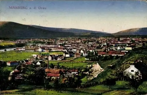 Ak Maribor Marburg an der Drau Slowenien, Landschaftsaufnahme, Häuser, Berge, Fluss