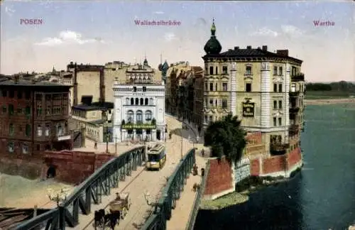 Ak Poznań Posen, Walischeibrücke, Warte, Fluss, Häuser, Straßenbahn, historische Architektur
