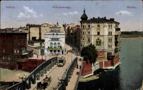 Ak Poznań Posen, Walischeibrücke, Warthe, Straßenszene, Gebäude, Tram