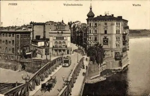 Ak Poznań Posen, Walischeibrücke, Stadtszene, historische Atmosphäre, alte Gebäude