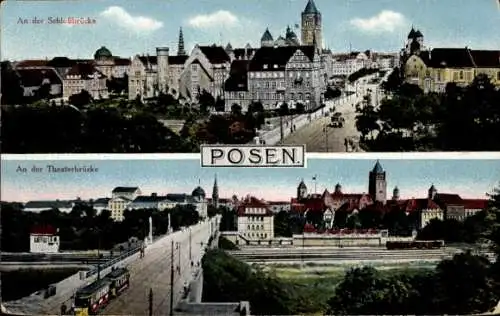 Ak Poznań Posen, An der Schlossbrücke, An der Theaterbrücke, Straßenbahn