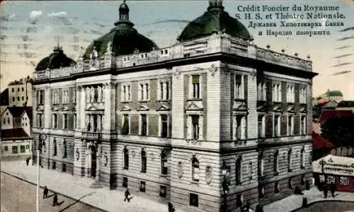 CPA Belgrade Serbie, Credit Foncier du Royaume, Theatre Nationale