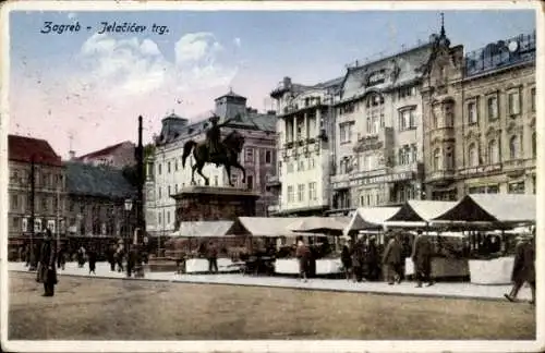 Ak Zagreb Kroatien,  Jelačić trg, Reiterstatue, Markstände, historische Gebäude