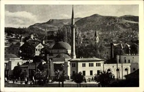 Ak Sarajevo Bosnien Herzegowina, Moschee, Minarett, Berge, historische Gebäude