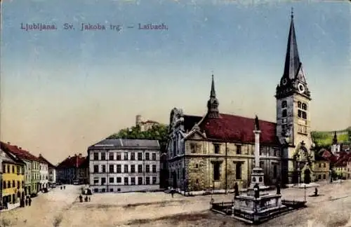 Ak Ljubljana Laibach Slowenien, Vorderansicht des Sv. Jakoba trg, historisches Gebäude, Uhrtur...