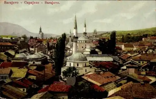 Ak Sarajevo Bosnien Herzegowina, Stadtansicht, historische Gebäude, Dächer, Minarette