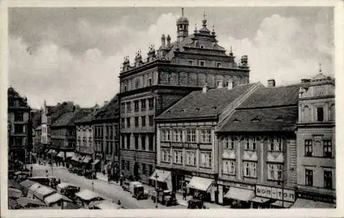 Ak Plzeň Pilsen Stadt, Rathaus, Markt, Stände, Geschäfte