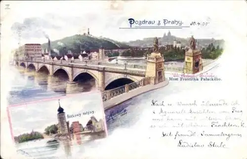 Ak Praha Prag Tschechien, Brücke, Fluss, Stadtansicht, historische Architektur, Aquarell Stil