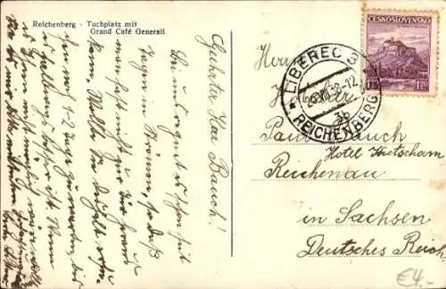 Ak Reichenberg in Böhmen Liberec Tschechien, Vorderansicht des Grand Café Generall, Tuchplatz,...