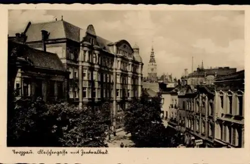 Ak Opava Troppau Region Mährisch Schlesien, Fleischergasse, Zentralbad, historische Architektu...