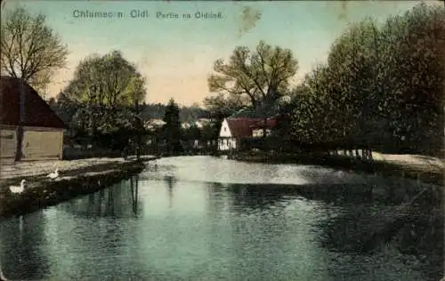 Ak Chlumec nad Cidlinou Chlumetz an der Cidlina Region Königgrätz, Idylle am Wasser, Bäume, Hä...