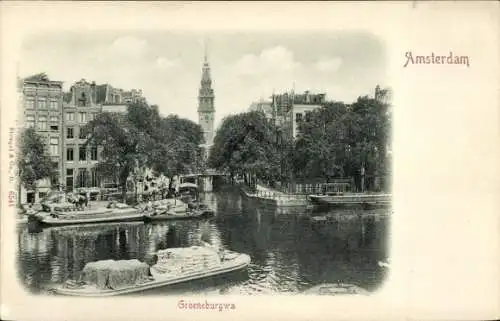 Ak Amsterdam Nordholland Niederlande, Schöne Ansicht von  Fluss, Boote, Bäume, Kirchturm