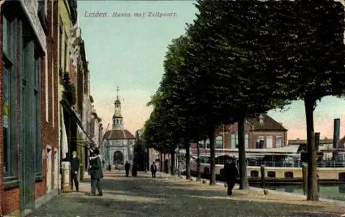 Ak Leiden Südholland Niederlande,  Hafen, Segelboote, Architektur, Bäume, historische Gebäude