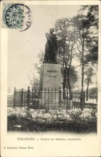 Ak Vincennes Val de Marne, Statue des Général Daumesnil, Parklandschaft, Französischer Text
