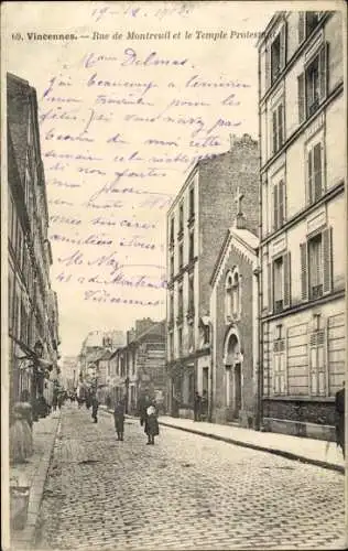 Ak Vincennes Val de Marne,  Rue de Montreuil, Protestants Tempel, Stadtansicht, Personen auf d...