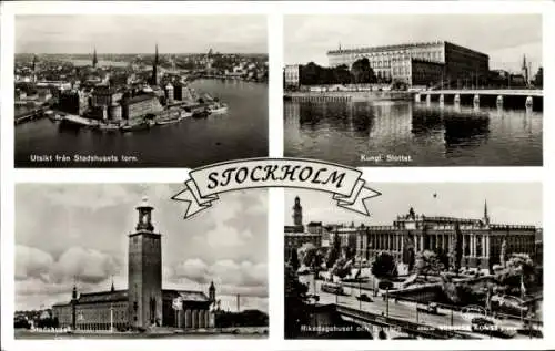 Ak Stockholm Schweden, Vielzahl an Sehenswürdigkeiten, Stadshuset, Kungliga Slottet, Riksdagshaus