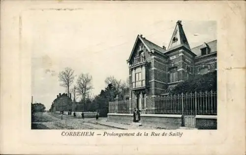 Ak Corbehem Pas de Calais, Historisches Gebäude, Rue de Sailly, Bäume, Straßenansicht