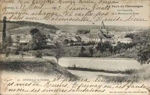 Ak Avenay Marne, Landschaft mit Weinbergen, Kirche, Dorfansicht, Postkarte von 1903