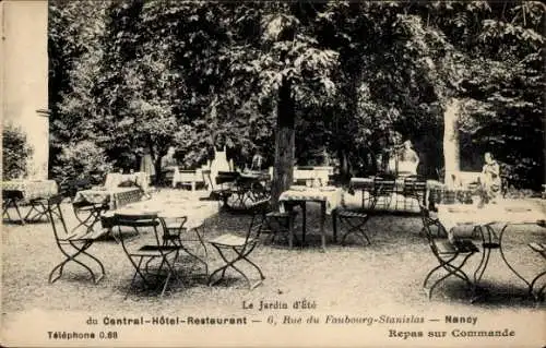Ak Nancy Meurthe et Moselle, Le Jardin d'Été, Central-Hôtel-Restaurant, Terrasse, Bäume, Tisch...