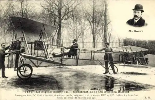 Ak Le Biplan Goupy III, Construit dans les Ateliers Blériot, Aviateur