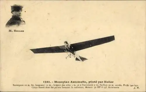 Ak Eindecker Antoinette, gesteuert von Kuller