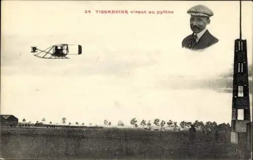 CPA Pilot Tissandier virant au pylône, Flugzeug