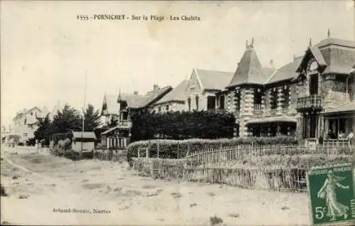 Ak Pornichet Loire Atlantique,  Strand, Chalets,  Architektur,  französische Beschriftung
