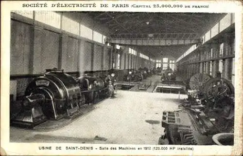 Ak Saint Denis Seine-Saint-Denis, Usine, Salle des Machines en 1912, 120000 HP installes