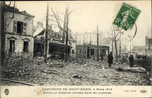 Ak Saint Denis Seine-Saint-Denis, Explosion 4. März 1916, Arbres et Maisons atteints