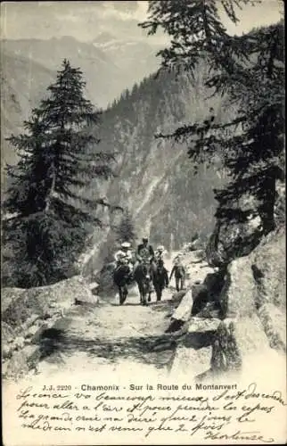 Ak Chamonix Mont Blanc Haute Savoie, Reiter auf Weg, Berglandschaft, Schriftzug  Weg zum Montanve