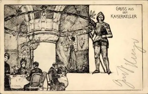 Ak Berlin Charlottenburg, Bahnhof Zoo, Kaiser-Wilhelm-II.-Statue, Restaurant-Szene, Gruss aus dem