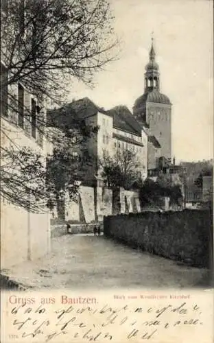 Ak Bautzen in der Oberlausitz, Gryss aus  Blick vom Wendischen Kirchhof,  Gebäude, Kirche