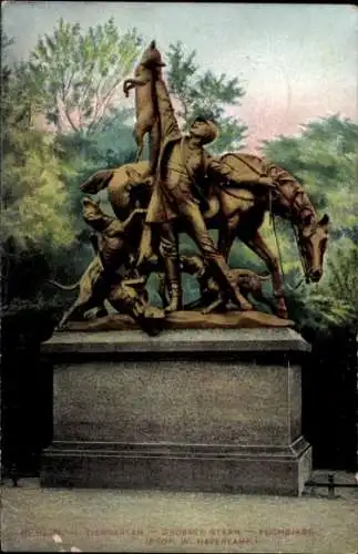 Ak Berlin Tiergarten, Großer Stern, Plastik von W. Haverkamp, Fuchsjagd