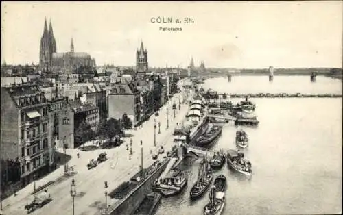 Ak Köln am Rhein, Panoramaansicht von Köln am Rhein, viele Boote, Architektur