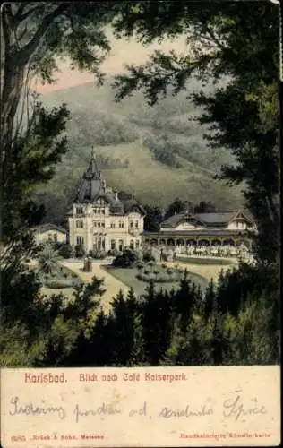 Ak Karlsbad in Baden, Schlossartige Gebäude, Garten, Blick auf Café Kaiserpark