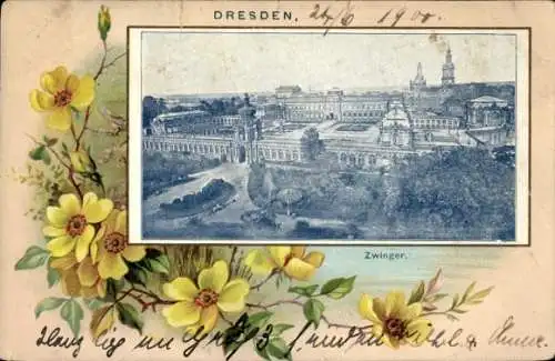 Ak Dresden Altstadt,  mit Zwinger, Blumenornament,  Stadtansicht
