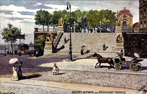 Ak Dresden Altstadt,  Aufgang zur Brühlschen Terrasse,  Architektur, Treppe, Figuren