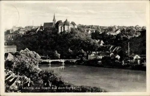 Ak Leisnig in Sachsen, Freiberger Mulde, Brücke, Stadtansicht, Kirche St. Mathhäi, Burg Mildenstein