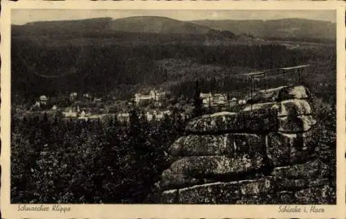 Ak Schierke Wernigerode im Harz, Schnatchee Klippe, Ausblick auf Schierke, Waldlandschaft,  