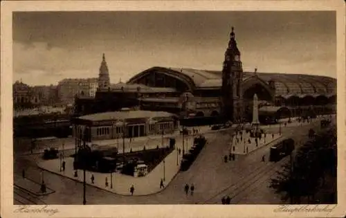 Ak Hamburg, Blick auf den Hauptbahnhof, Straßenseite, Straßenbahnen